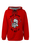 Red Casual Party Skull Head Cartoon Print Letters Draw String Pocket Hooded Tops