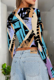 Green Casual Street Geometric Print Contrast O Neck Tops