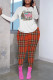 Red Green Casual Print Basic O Neck Long Sleeve Two Pieces
