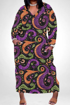 Purple Orange Casual Print Pocket Patchwork V Neck Straight Plus Size Dresses