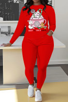 Red Pink Casual Print Basic O Neck Long Sleeve Two Pieces