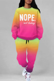 Blue Red Casual Street Letter Print Gradient Draw String Pocket Contrast O Neck Long Sleeve Two Pieces