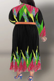 Black Elegant Print Buckle Patchwork With Belt Turndown Collar Plus Size Dresses