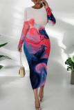 Red Purple Casual Print Patchwork O Neck Long Dresses