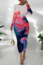 Red Blue Casual Print Patchwork O Neck Long Dresses