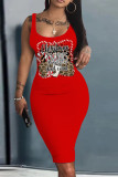 Red Casual Print Basic U Neck Vest Dresses