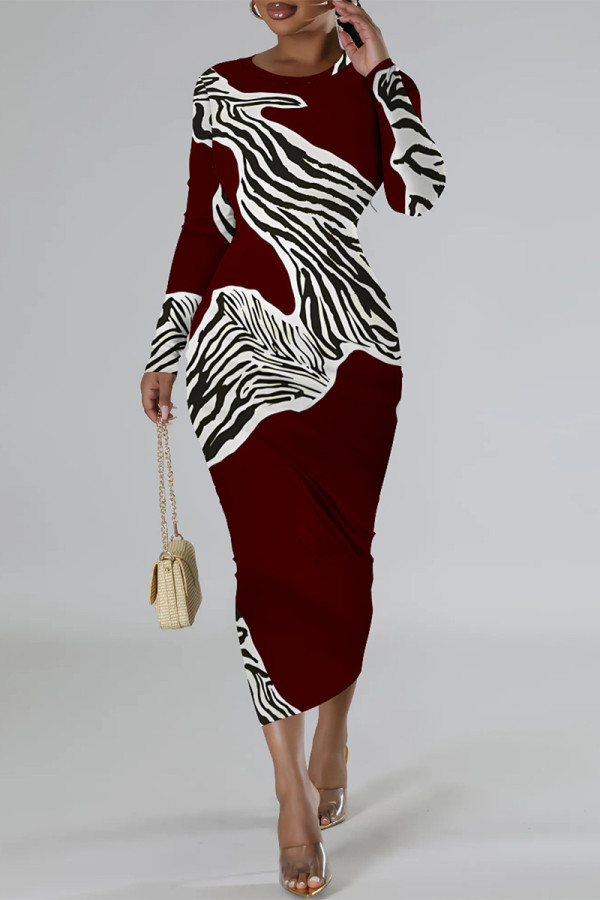Burgundy Elegant Geometric Print Contrast O Neck Printed Dresses