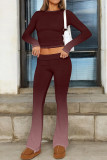 Burgundy Casual Street Gradient Print Contrast O Neck Long Sleeve Two Pieces