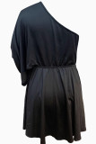 Black Casual Solid Color Patchwork Backless Oblique Collar A Line Plus Size Dresses