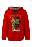Red Casual Party Skull Head Cartoon Print Letters Draw String Pocket Hooded Tops