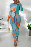 Burgundy Elegant Geometric Print Contrast O Neck Printed Dresses