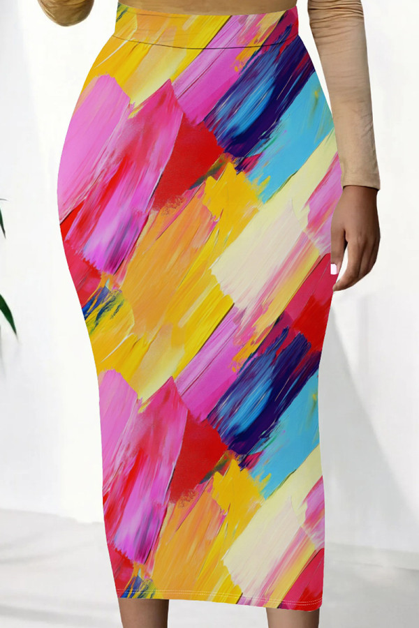 Yellow Pink Casual Print Patchwork Regular Mid Waist Conventional Full Print Bottoms