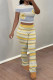 Yellow Casual Street Striped Print Polka Dot Flowers Contrast O Neck Short Sleeve Two Pieces