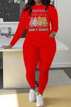 Red Khaki Casual Print Basic O Neck Long Sleeve Two Pieces