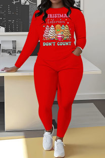 Red Khaki Casual Print Basic O Neck Long Sleeve Two Pieces