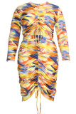 Yellow Casual Print Draw String Patchwork O Neck Plus Size Two Pieces