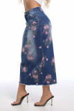 Blue Daily Print Pocket Patchwork Zipper Regular Mid Waist Straight Patchwork Bottoms