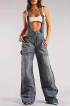Blue Casual Faux Denim Print Hollow Out Patchwork Zipper Loose Jumpsuits