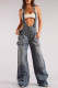 Blue Casual Faux Denim Print Hollow Out Patchwork Zipper Loose Jumpsuits