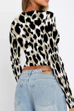 Coffee Casual Street Geometric Print Leopard Contrast O Neck Tops