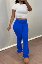 White Blue Casual Street Solid Color Contrast O Neck Short Sleeve Two Pieces