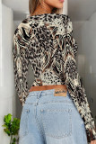 Coffee Casual Street Geometric Print Leopard Contrast O Neck Tops