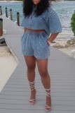 Light Blue Casual Rhinestone Patchwork Turndown Collar Half Sleeve High Waist Regular Denim Tops