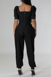 Green Casual Solid Color Patchwork Square Neck Regular Jumpsuits