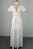 White Elegant Solid Color Patchwork Deep V Neck Long Dresses