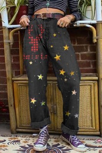 Black Gray Casual Print Basic High Waist Regular Denim Jeans