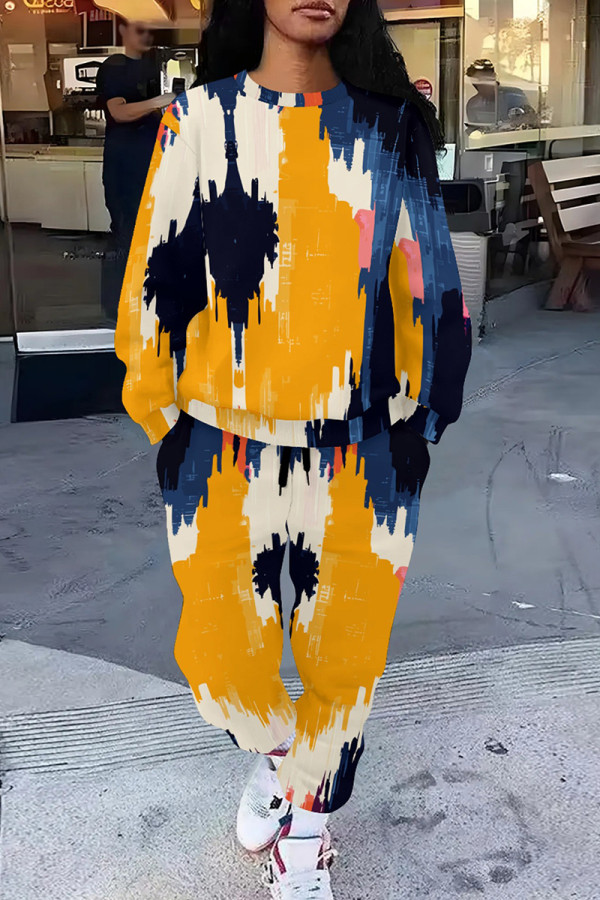 Yellow Casual Print Pocket Patchwork O Neck Long Sleeve Two Pieces