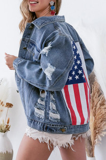 Light Blue Casual Street American Flag Ripped Buttons Patchwork Turndown Collar Long Sleeve Loose Denim Jacket