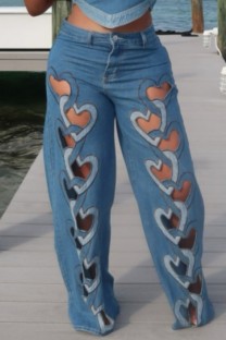Blue Casual Heart Shaped Hollow Out High Waist Straight Denim Jeans