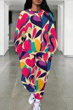Multicolor Casual Print Pocket Patchwork O Neck Long Sleeve Two Pieces
