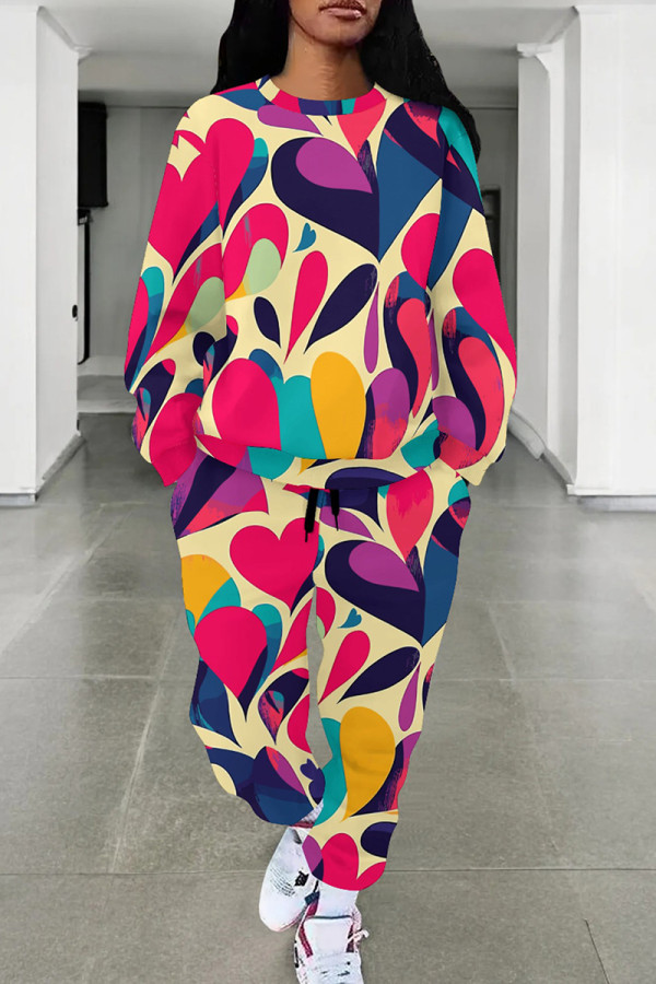 Colour Casual Print Pocket Patchwork O Neck Long Sleeve Two Pieces