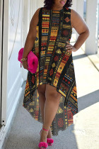 Black Casual Print Patchwork O Neck Irregular Plus Size Dresses