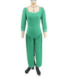 Green Casual Solid Color Patchwork Square Neck Regular Jumpsuits
