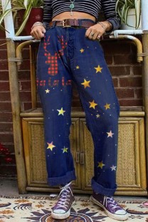 Dark Blue Casual Print Basic High Waist Regular Denim Jeans