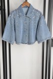 Light Blue Casual Rhinestone Patchwork Turndown Collar Half Sleeve High Waist Regular Denim Tops