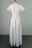 White Elegant Solid Color Patchwork Deep V Neck Long Dresses