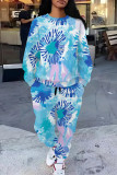 Blue Casual Print Pocket Patchwork O Neck Long Sleeve Two Pieces