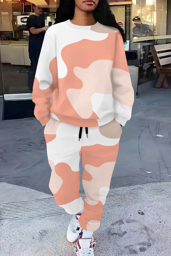 Skin Color Casual Print Pocket Patchwork O Neck Long Sleeve Two Pieces