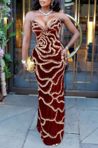 Red Sexy Sequins Patchwork Backless Zipper Strapless Long Dresses