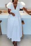 White Elegant Solid Color Patchwork Deep V Neck Long Dresses