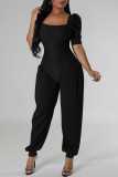 Green Casual Solid Color Patchwork Square Neck Regular Jumpsuits