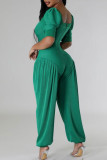 Green Casual Solid Color Patchwork Square Neck Regular Jumpsuits