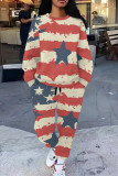Multicolor Casual Print Pocket Patchwork O Neck Long Sleeve Two Pieces