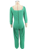 Green Casual Solid Color Patchwork Square Neck Regular Jumpsuits