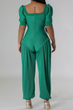 Green Casual Solid Color Patchwork Square Neck Regular Jumpsuits