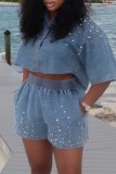 Light Blue Casual Rhinestone Patchwork Turndown Collar Half Sleeve High Waist Regular Denim Tops